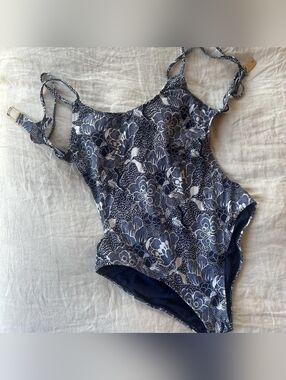 Women's Blue and White Floral Open Back One Piece Swimsuit